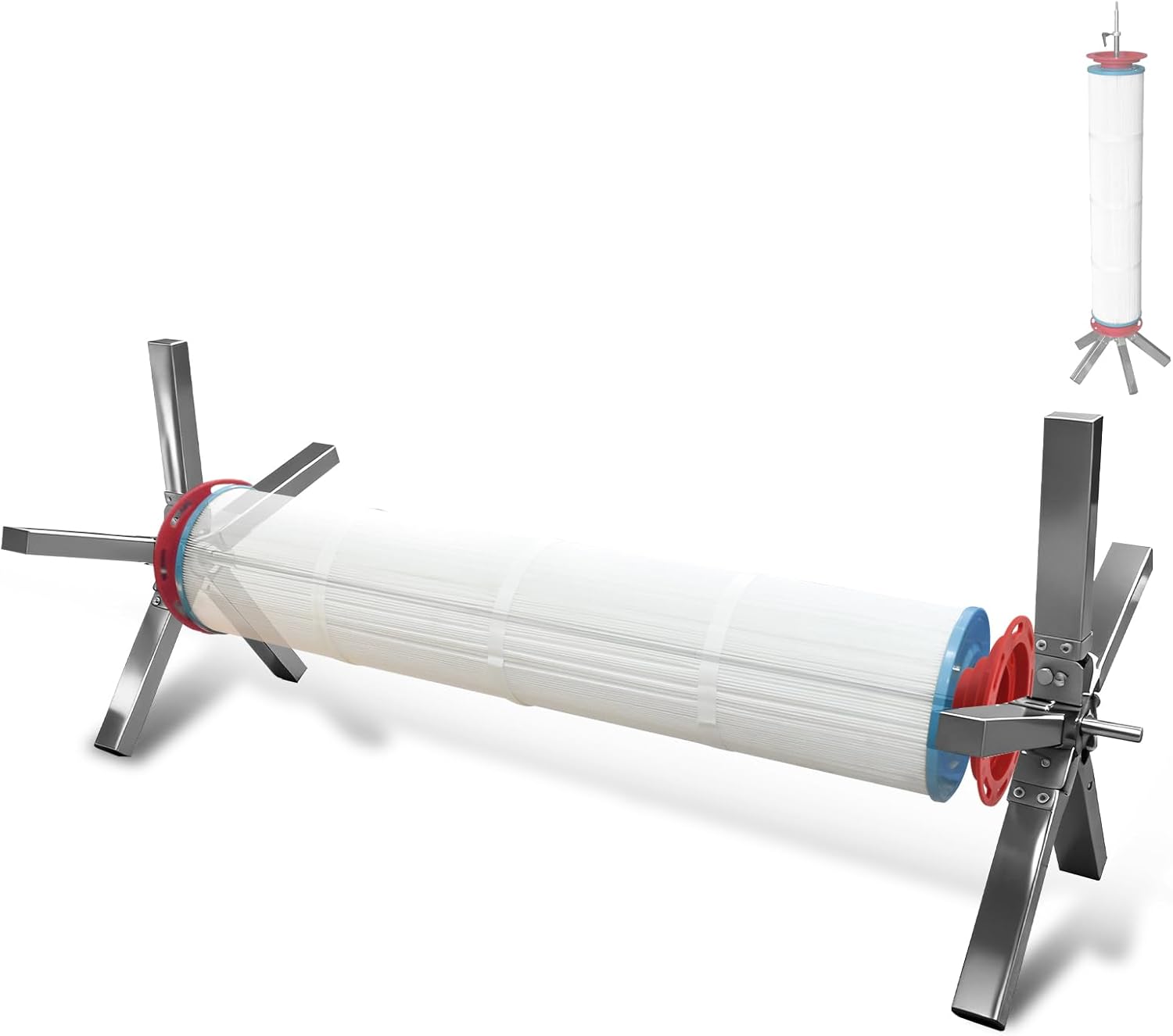 Pool Filter Cleaning System and Cleaner Stand (Solid Aluminum Shaft) for 3, 4 or 6 Inch Filter Cartridges, Dual-Purpose Bracket Design for Vertical and Horizontal Mounting
