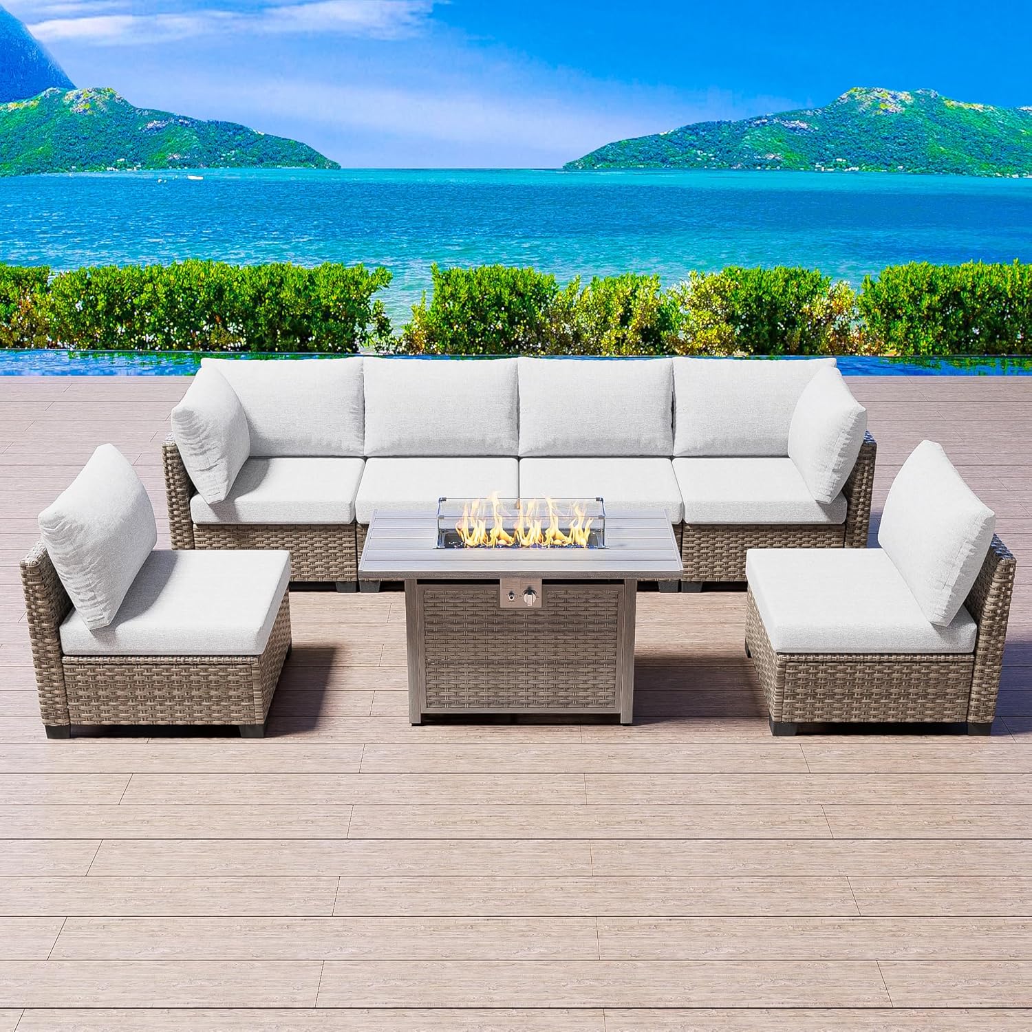 Patio Furniture Set Q01 Series Sofa 7 Pieces Outdoor Furniture Set Sectional Couch with Fire Pit Table Balcony Furniture Patio Table and Chairs Set with Propane Fire Pit