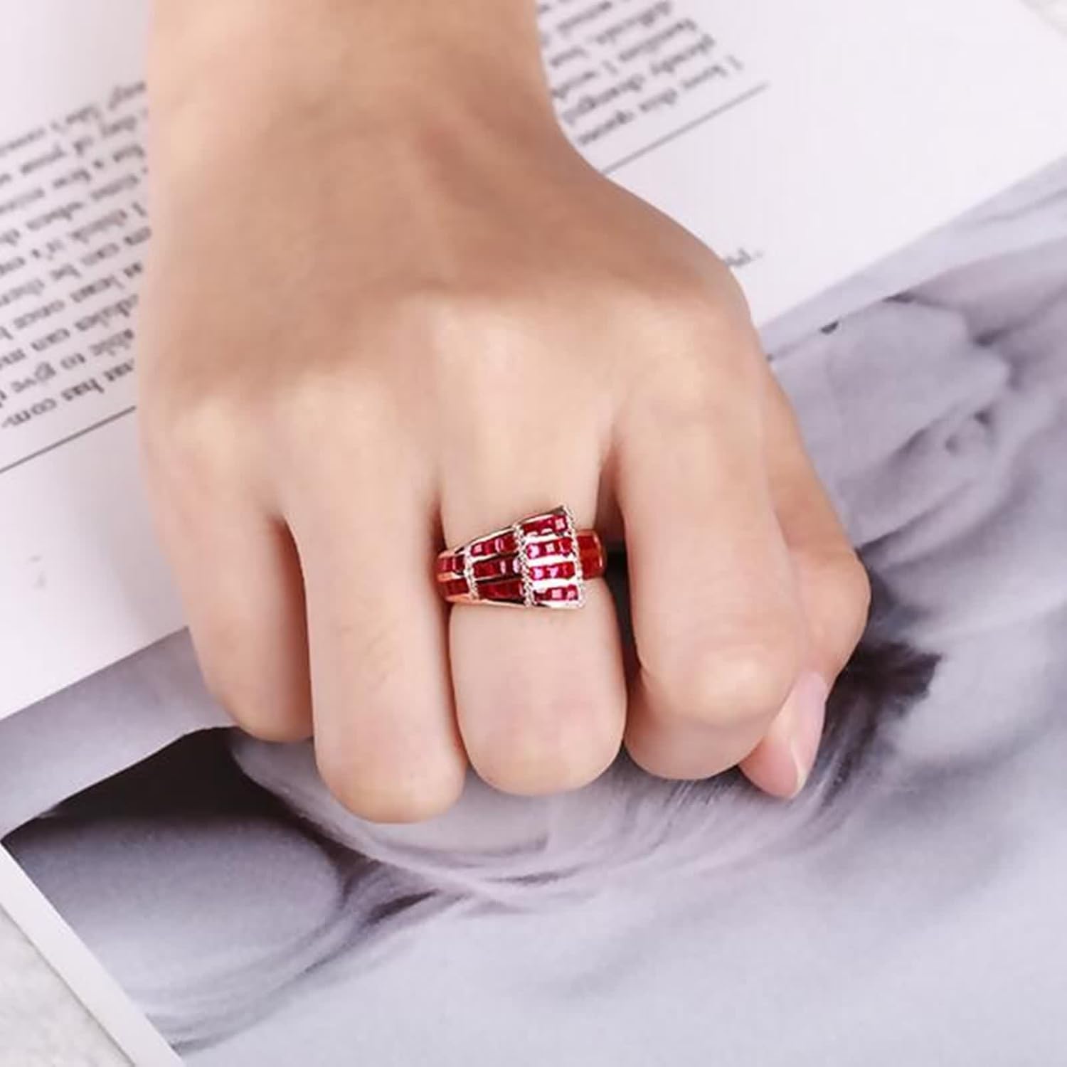 18K Yellow Gold Ring for Women, Wedding Bands Unique Lab Created Ruby Drill Row Yellow Gold Ring with Moissanite for Mother