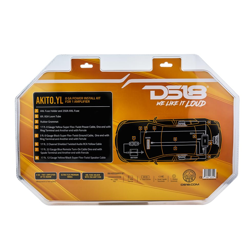 DS18 AKIT0.YL 0-GA Amplifier Installation Wiring Kit with Fuse Holder 250A, Up to 3500 Watts RMS, Ultra Flex Wire, Amp Wire Kit, Amp Wiring Kit 0 Gauge - Yellow