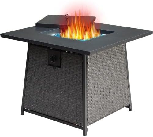 32 Inch Propane Fire Pits Table with Blue Glass Ball,50,000 BTU Outdoor Wicker Fire Table with ETL-Certified,2-in-1 Square Steel Gas Firepits (Dark Gray)