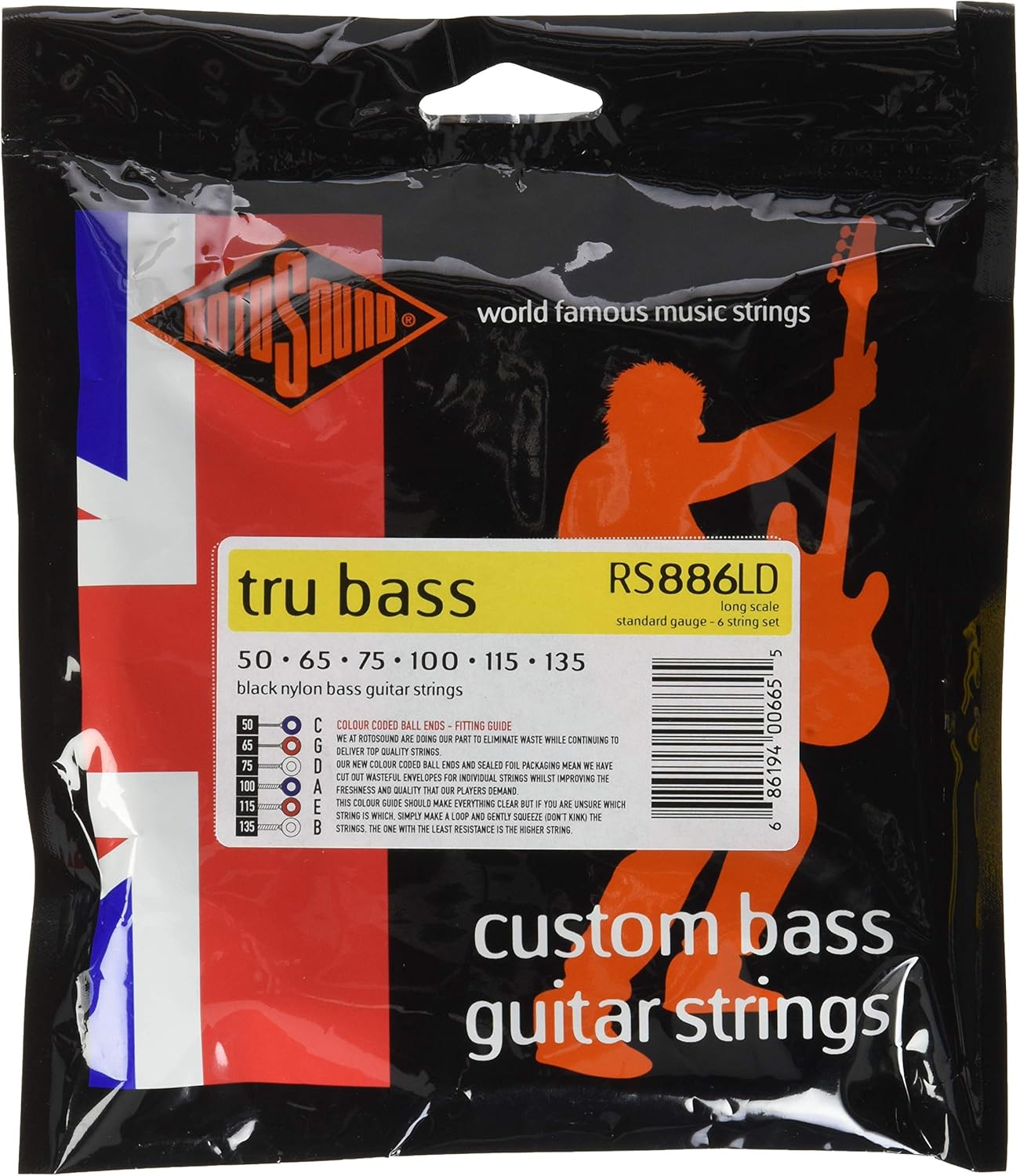 Rotosound Strings for Electric Bass TRU BASS NYLON FLATWOUND 6-string RS886LD NYLON FW LONG Standard 50-135