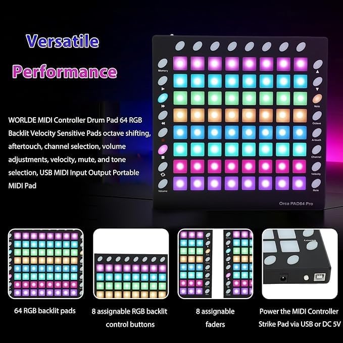 MIDI Controller Strike Pad,Portable MIDI 64-Pad,USB Grid Controller for Live Performance Music Production Software