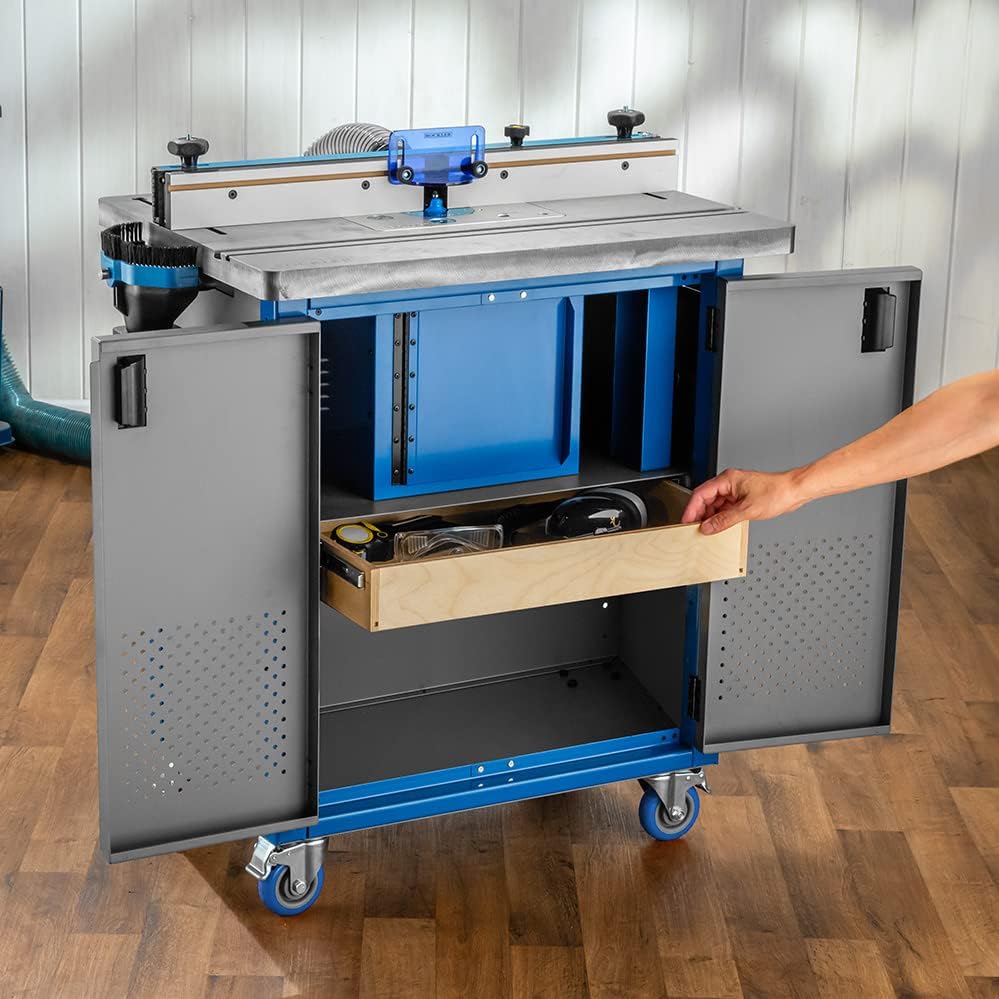 Steel Router Table Cabinet w/Router Dust Collection Box, Swivel Casters, Dual Dust Port & More - Steel Cabinet Holds Router Accessories, Bits, & More - Woodworking Tool Storage