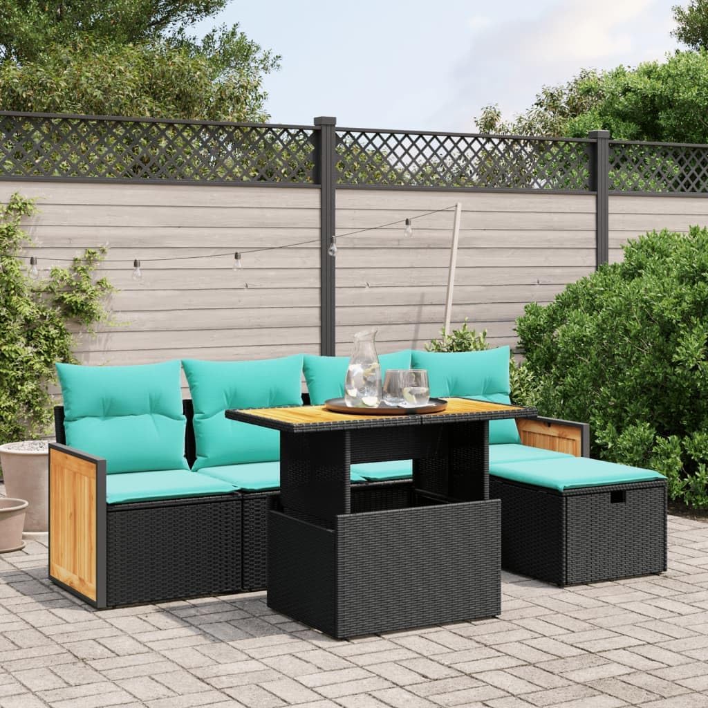 6 Piece Patio Sofa Set with Cushions, Black Poly Rattan Outdoor Furniture, Adjustable Table, Modular Design, UV-Proof, for Garden, Deck, Balcony