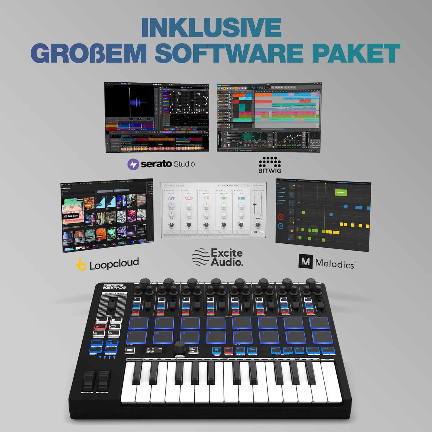 Reloop Keypad Pro Compact USB-MIDI DAW workstation with full Bitwig integration, 4-in-1 Station: master keyboard, drum pads, mixer unit & DAW controls