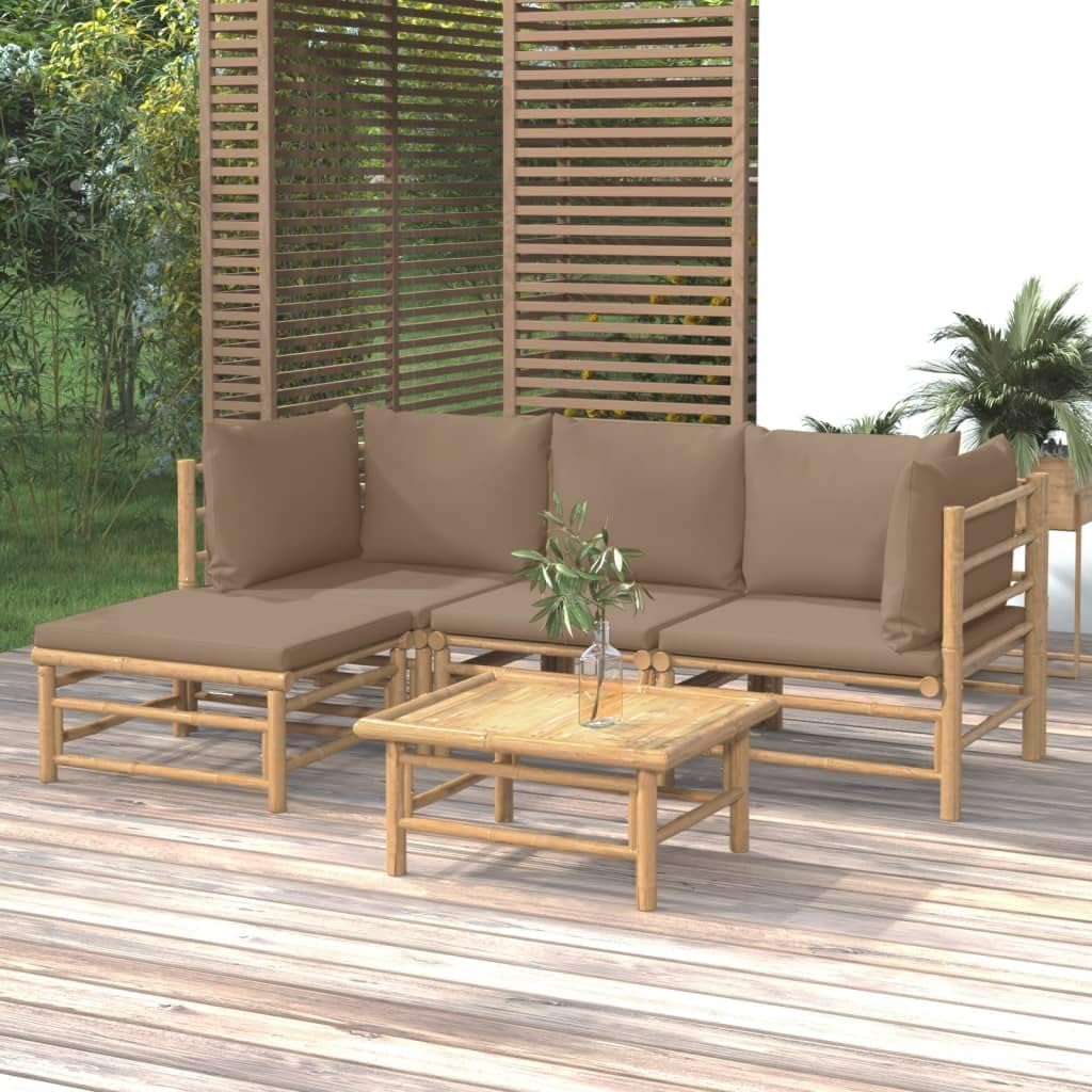 Furniture Sets 5 Piece Patio Lounge Set with Taupe Cushions Bamboo,Stylish Bamboo Lounge Set for Outdoor Relaxation and Comfort Garden Conversation Sets