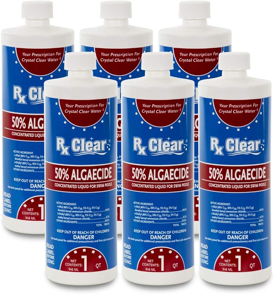 Rx Clear Algaecide 50 Plus | 50 Percent Concentrated Liquid Algaecide for Above or In-Ground Swimming Pools | Safe Formula | Keeps Algae in Suspension | One Quart Bottles | 6 Pack