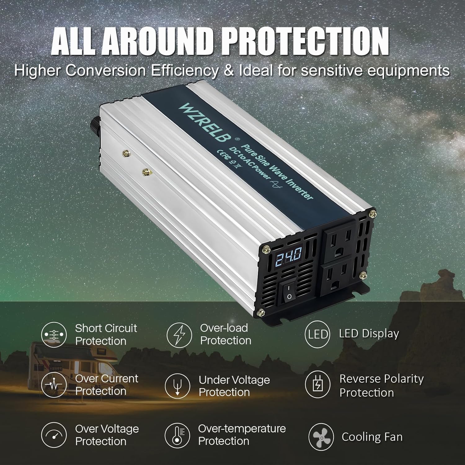 WZRELB 500W Pure Sine Wave Inverter 24V DC to 110V 120V AC Power Converter with LED Display, Off-Grid Portable Power Inverter with 2 AC Outlets for Home, RV, Truck, Camping