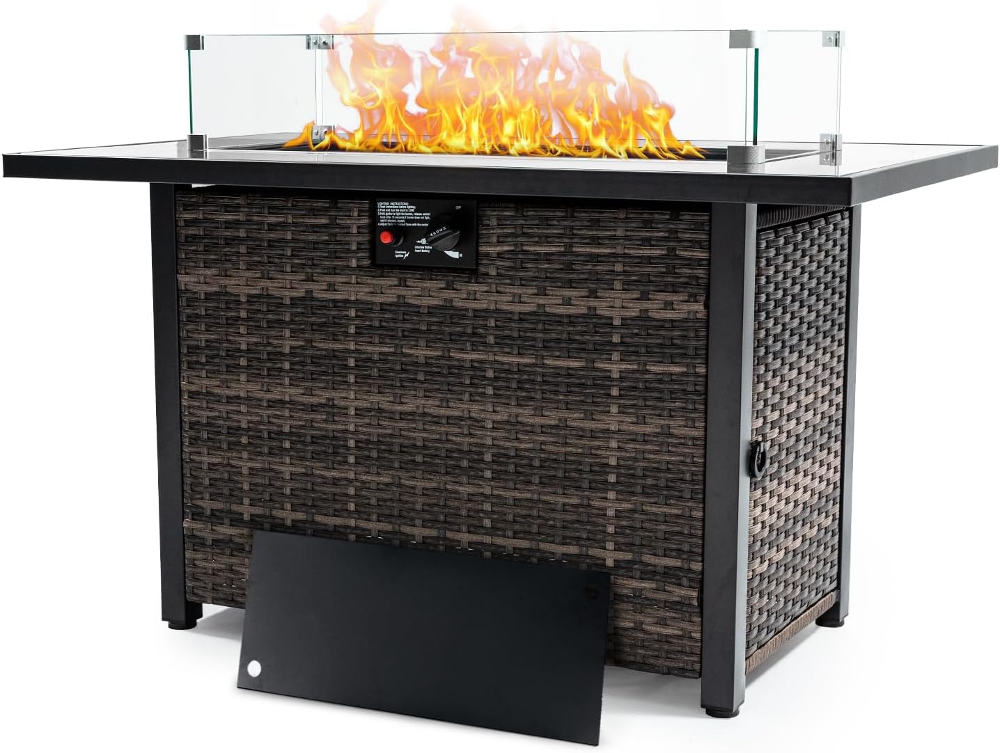 50,000 BTU Outdoor Propane Gas Fire Table - 44-Inch Square Fire Pit with Lid, Glass Wind Guard & Weather-Resistant Wicker Base for Patio, Backyard, Garden Heating