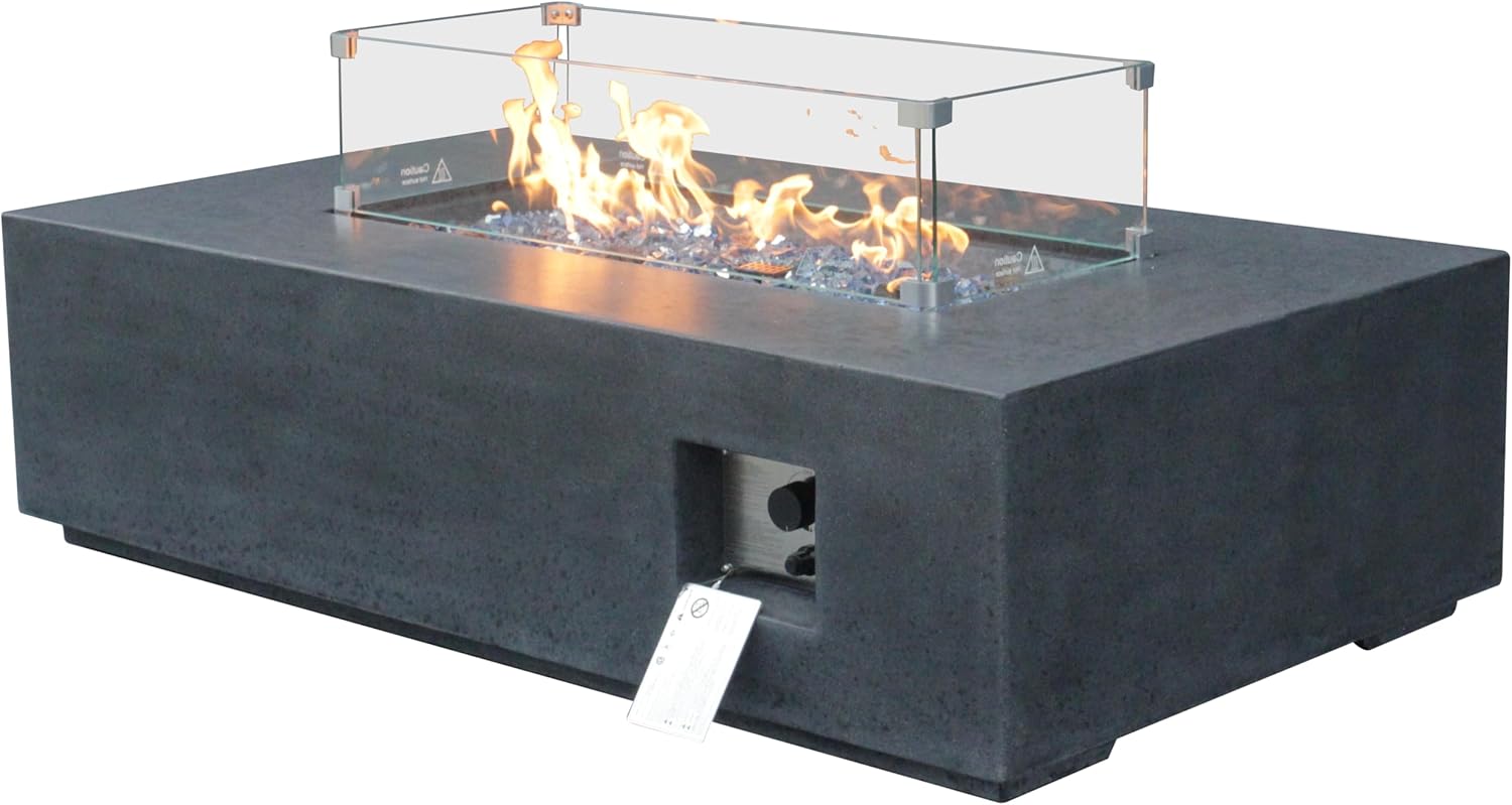 52 Inches Outdoor Concrete Propane Fire Pit Table – Dark Gray & Black Rectangle Design for Patio, Living Room with 1 Door (Black + Gray) (1 Doors)
