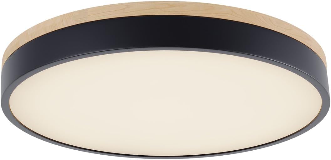 LED Flush Mount Ceiling Light Fixture, Modern Wood Black Finish Close to Ceiling Light, LED Dimmable 5 CCT 3000-6000k, Round Ceiling Lamp for Bedroom Hallway Kitchen