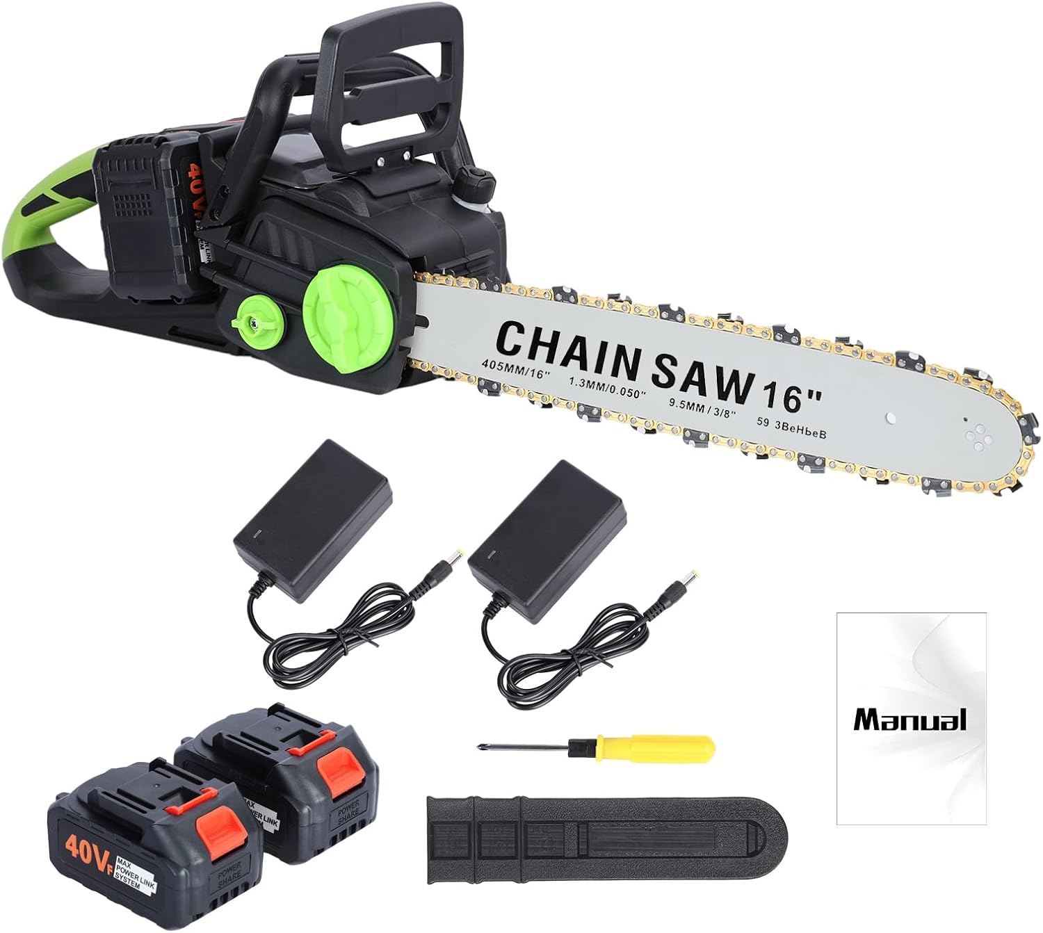 16-Inch Brushless Chainsaw,1800W Electric Chainsaw Kit,Cordless Battery Powered Chain Saw with 2 x 4Ah Batteries Auto-Lubrication for Wood Cutting Trimming Courtyard Garden Green