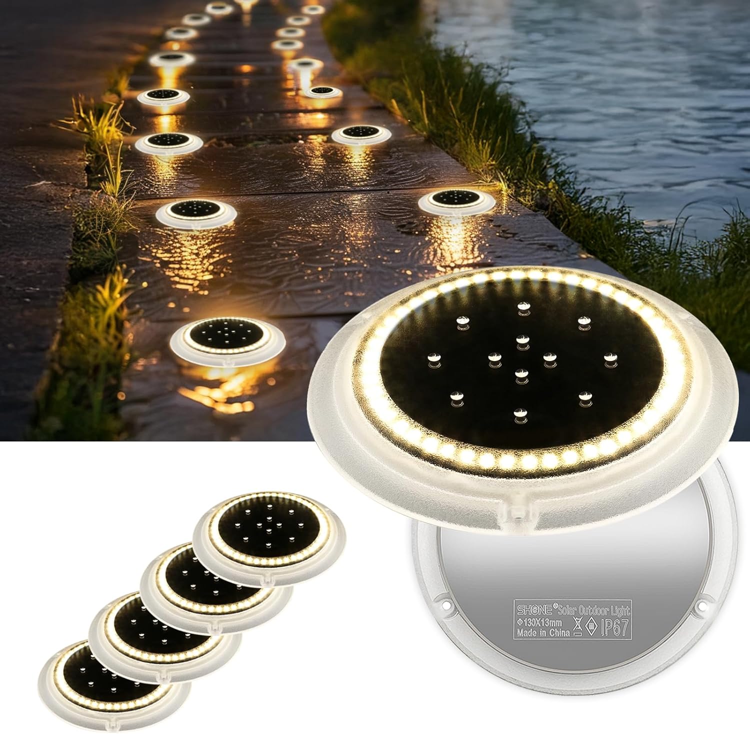 Solar Dock Lights, Crazy 48 LEDs Super Bright Disc Driveway Light, Outdoor Waterproof Flat Low Profile, Anti-Trip & Anti-Slip for Marine, Ground, Pool, Pier, Deck (Warm White, 6Pack)