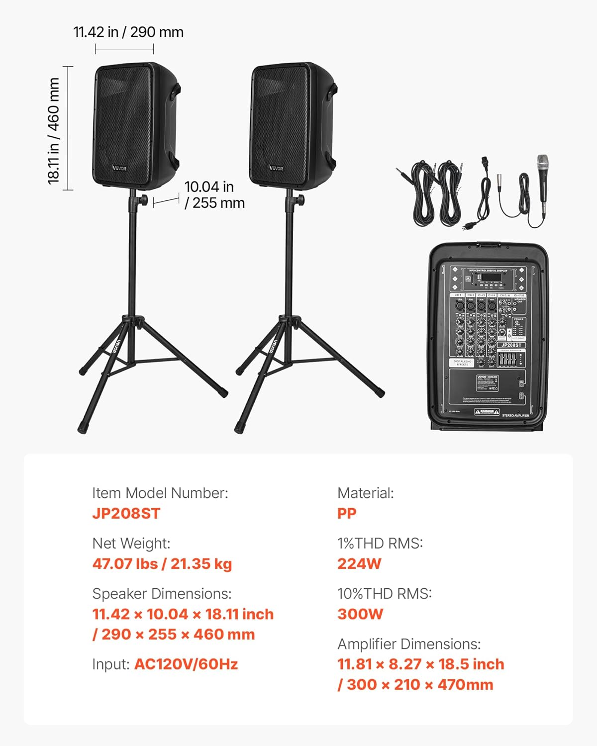 VEVOR Portable PA System with Microphone, 300W Powered, Sound System with 8 Channel Mixer, Dual 8'' Speakers, Wireless Bluetooth, Compact Stands, USB SD XLR RCA Inputs, for DJs Events Indoor &Outdoor