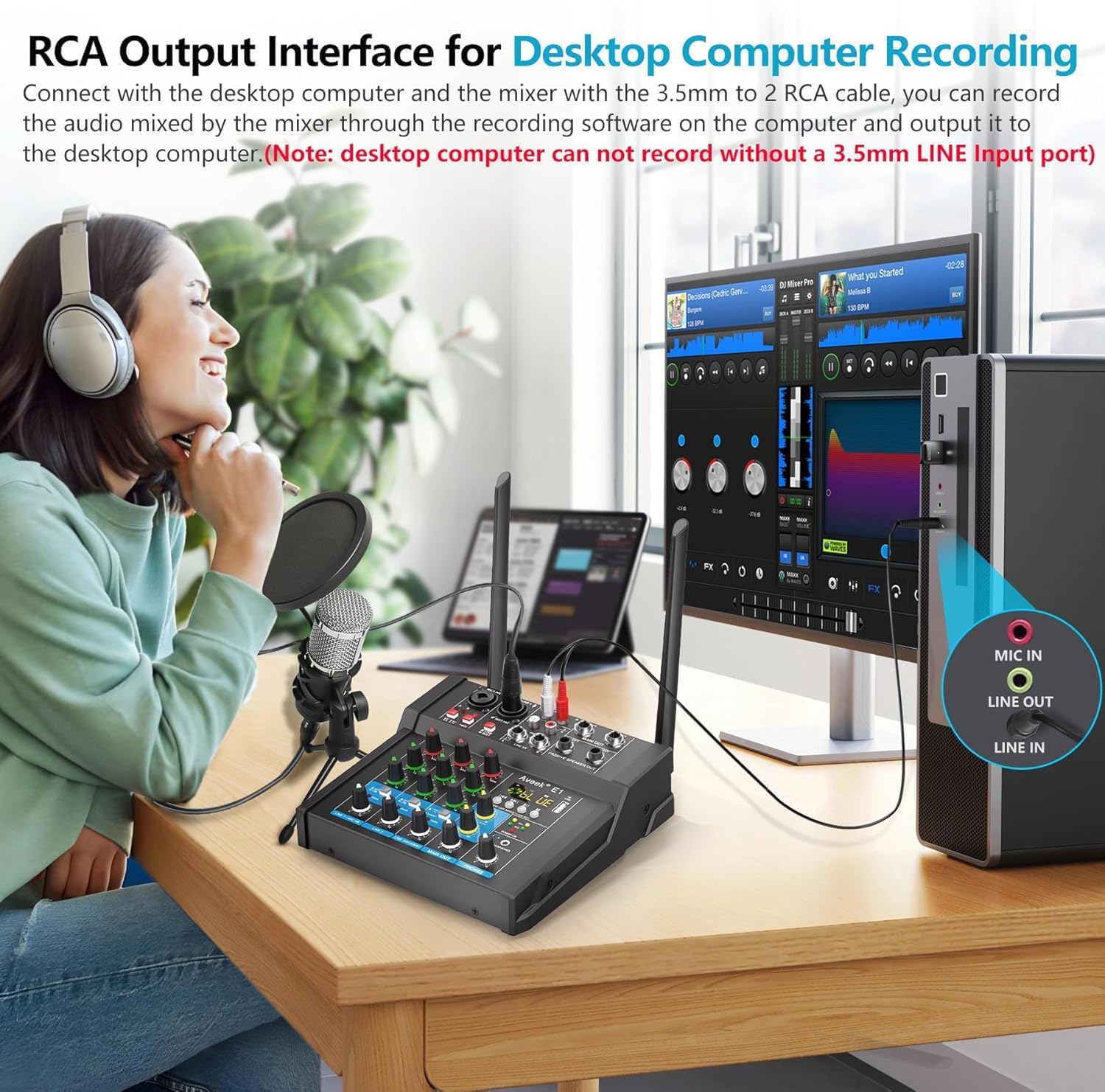 Aveek 150W x2 Powered Amplifier Audio Mixer,4 Channel with Dual Wireless Mic Sound Board Console MP3 Digital USB Bluetooth Computer Input 48V Phantom Power Stereo DJ Mixing for Karaoke Party