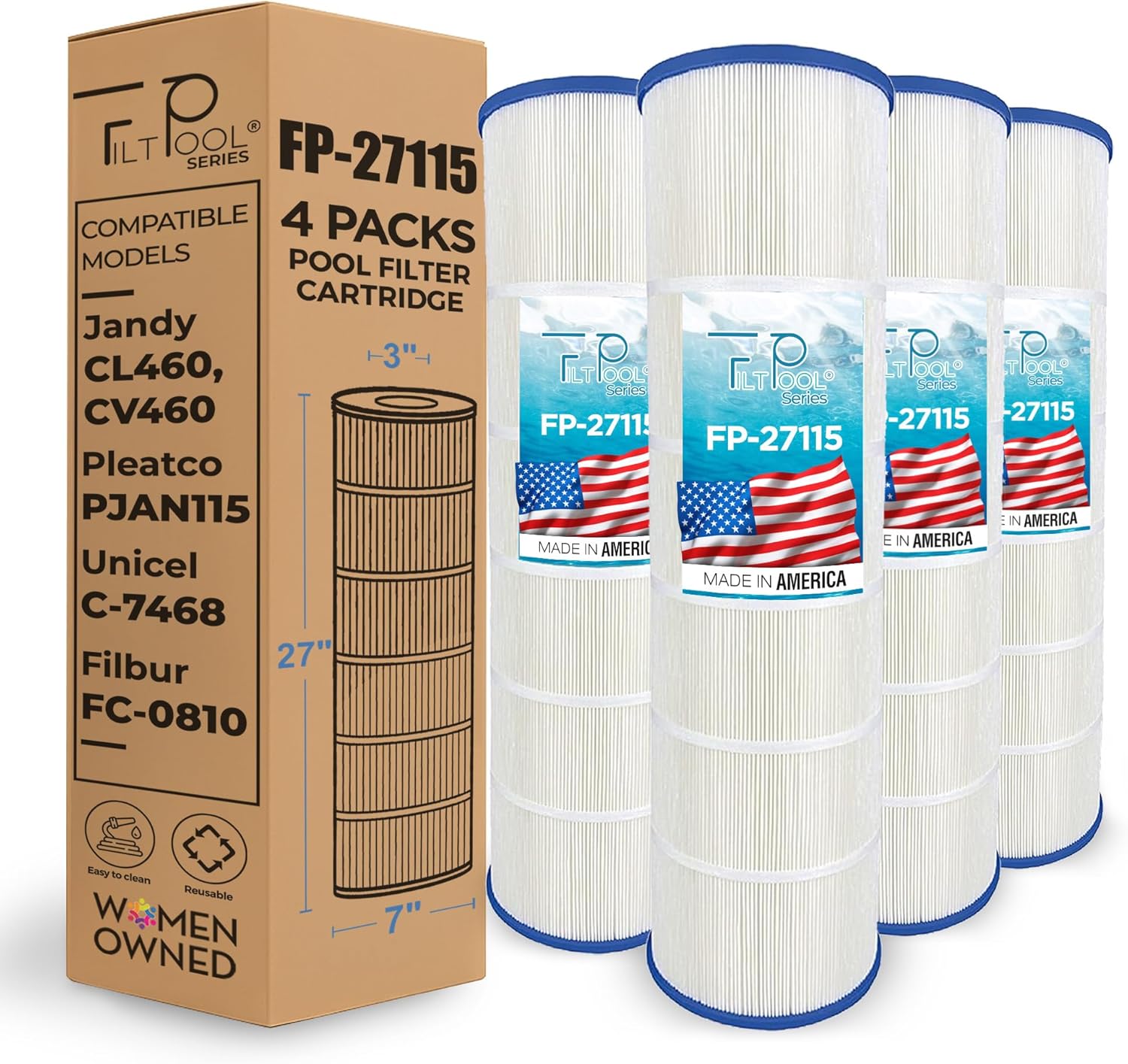 FP-27115 - Pool Filter Cartridge Replacement for Jandy CL460, CV460, R0554600, A0558000, PJAN115, Unicel C-7468 and Filbur FC-0810 - Swimming Pool Cartridge Filter - 4 Pack, 115 SQFT/pc