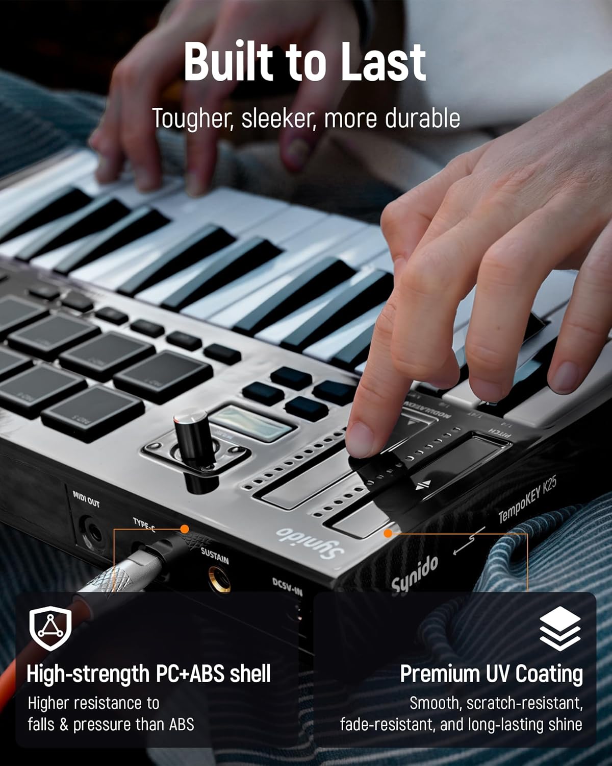 Synido USB C MIDI Keyboard Controller 25 Keys with 8 Backlit Drum Pads, OLED Screen, Compact Mini MIDI Controller for Music Production – Black, TempoKEY K25