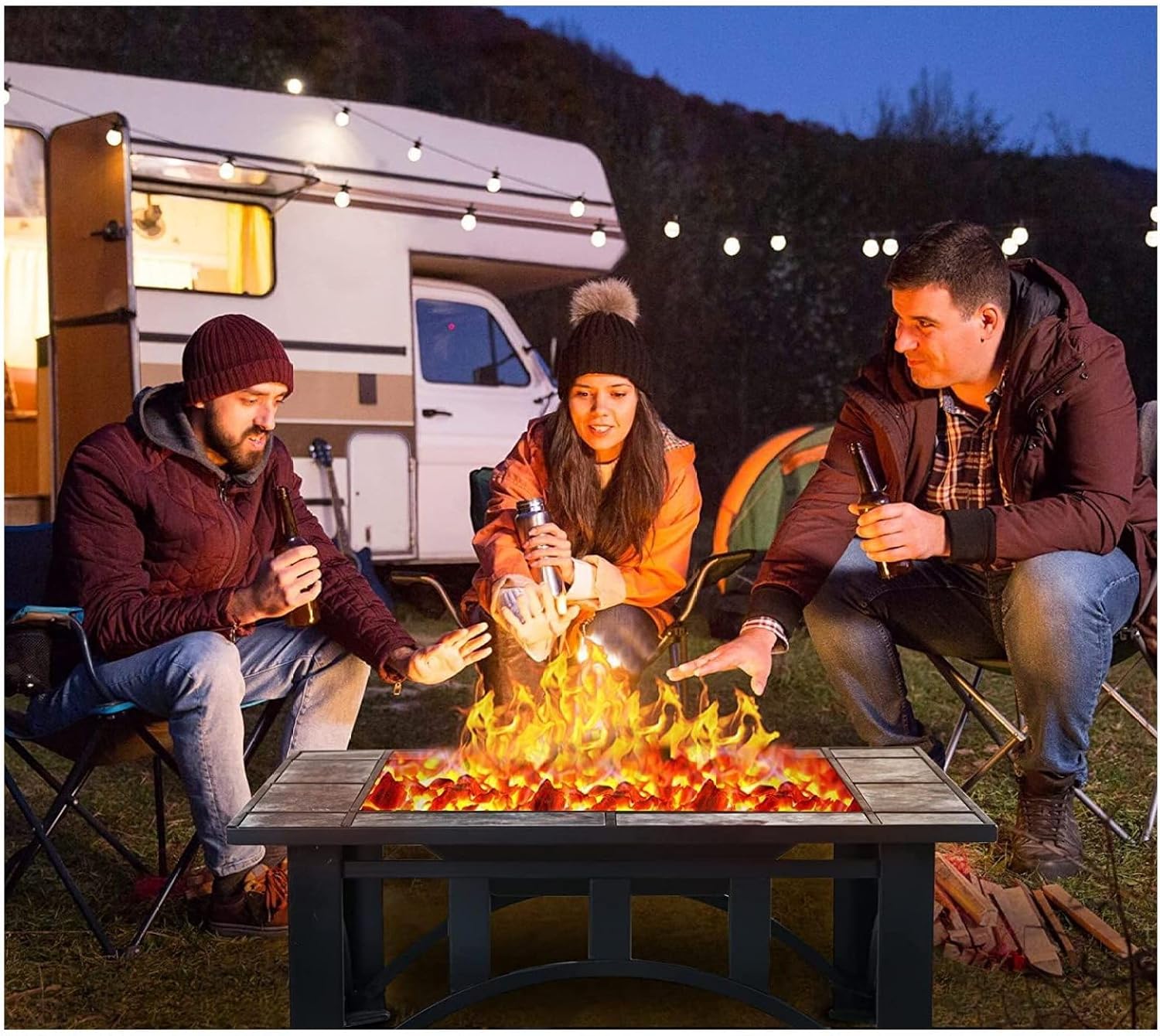 35 Inch Outdoor Patio Fire Pit Table, Wood Burning Square Marble Tile Top, Durable Alloy Steel Fire Table for Backyard, Garden, and Outdoor Gatherings