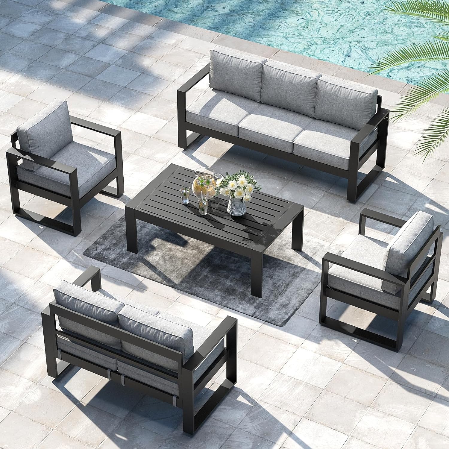 LayinSun 5 Pieces Aluminum Outdoor Patio Furniture Set, Metal Modern Conversation Sofa Set with Coffee Table and Washable Thick Cushions for Porch, Backyard, Deck
