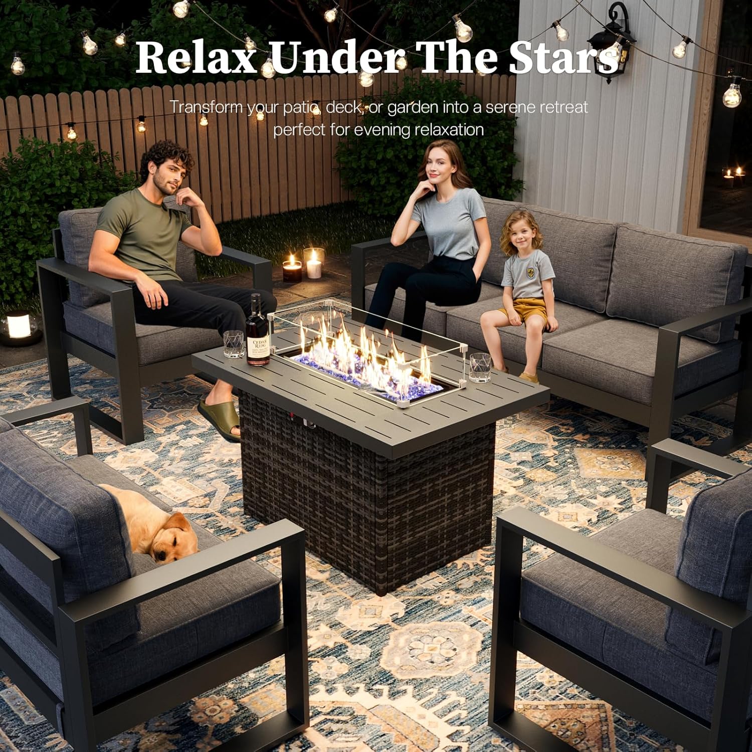 5 Piece Modern Aluminum Patio Furniture Set with Fire Pit Table, Outdoor Patio Sectional Conversation Metal Seating Sets with Olefin Cushion