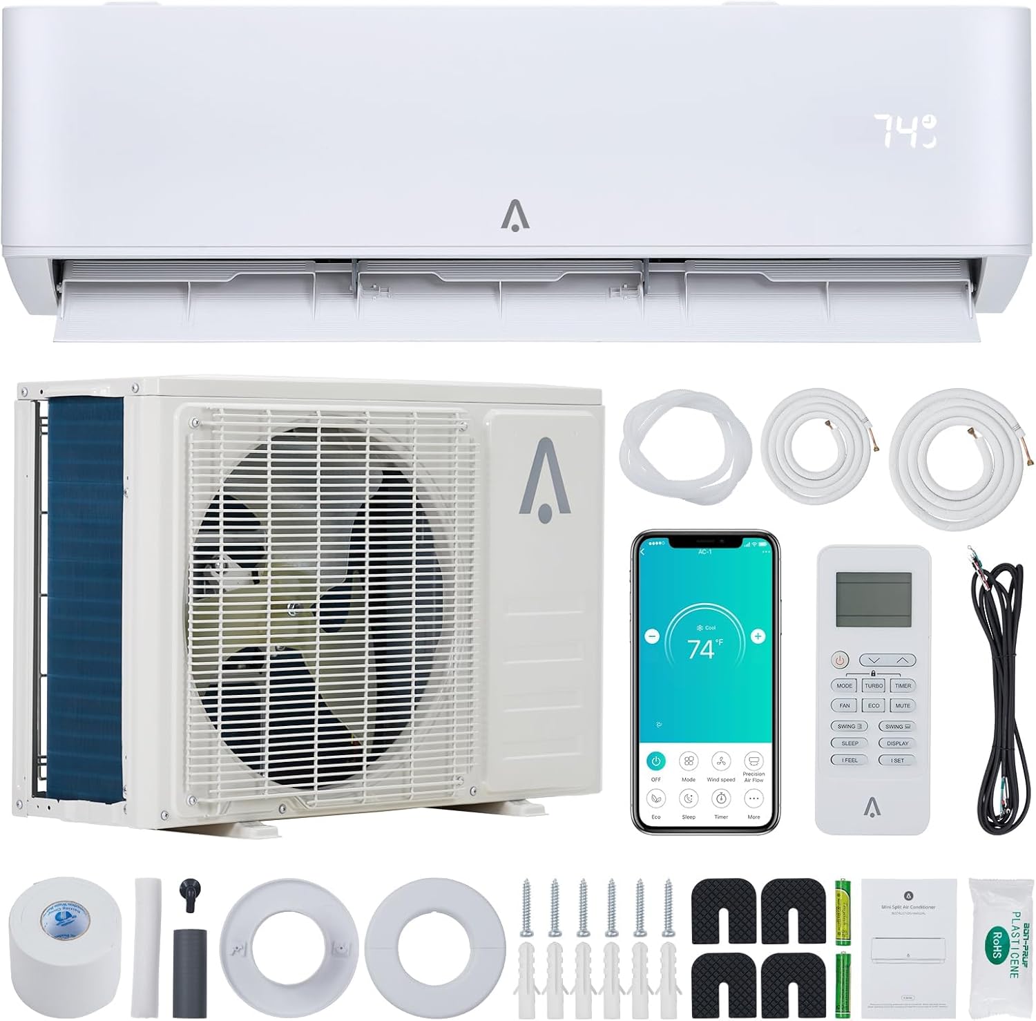 18,000 BTU Ductless Mini Split Air Conditioner & Heater, 23 SEER Inverter AC Unit, Cools & Heats Up to 1,250 Sq. Ft, Wall-Mount Split-System with Heat Pump, Alexa/Compatible, 16Ft Installation