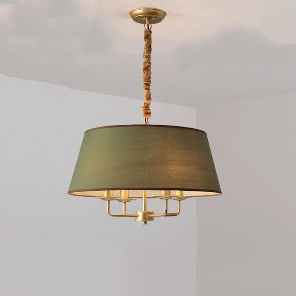 American Country Style Pendant Light - Rustic Chandelier for Dining Room, Living Room, Bedroom, and Bar - Adjustable Height Eco Fabric Lighting Fixture(Gold+Green)