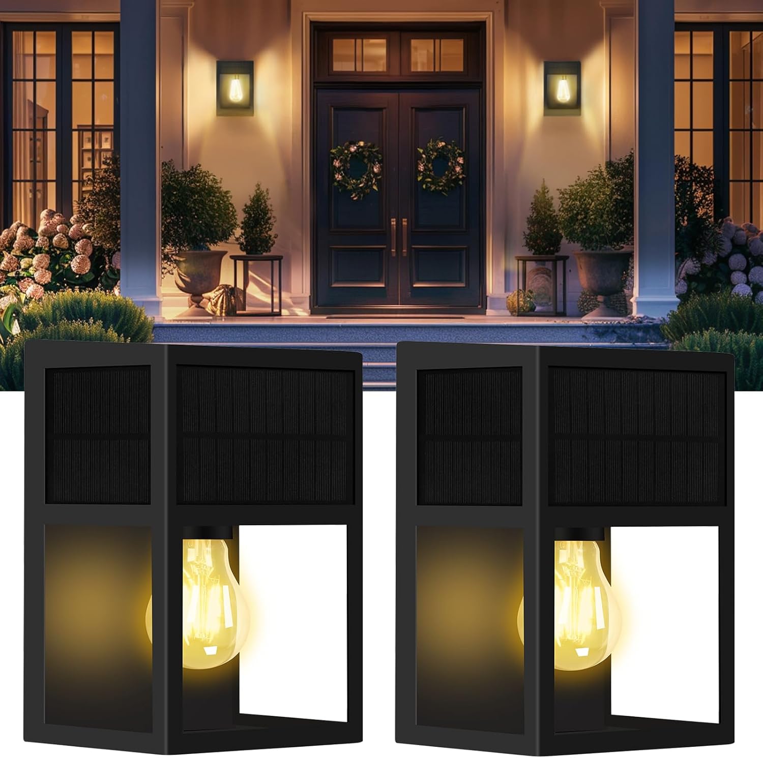 Outdoor Solar Wall Lights, High Brightness Waterproof Lanterns, Porch LED with Stainless-Steel & Tempered Glass, Black Sconce for Door Entryway, Garage, Patio, Yard, Warm White 2Pk