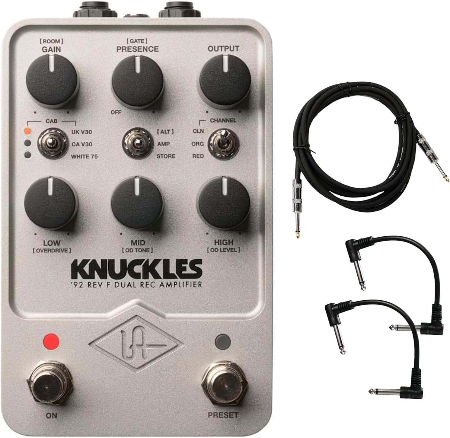 Universal Audio UAFX Knuckles '92 Dual Rec Amplifier Pedal - Bundle with Instrument Cable and 2 Patch Cables