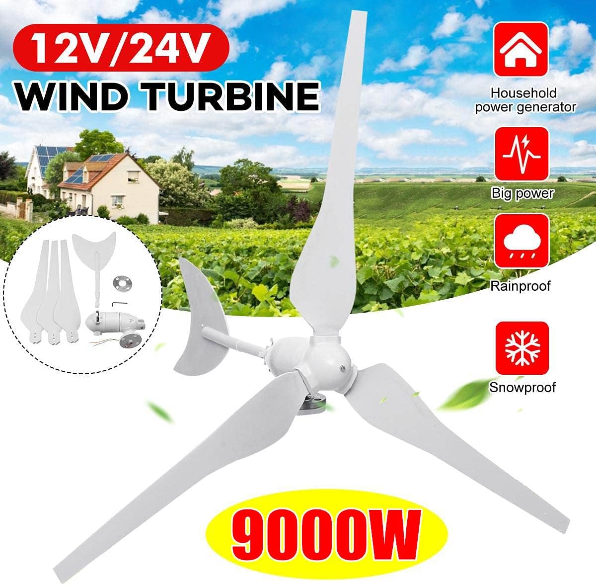 9000W 12V 24V Wind Turbine with 3 Blades Nylon Fiber Wind Turbine Generator Home Powerful Windmill Energy Turbine Charge