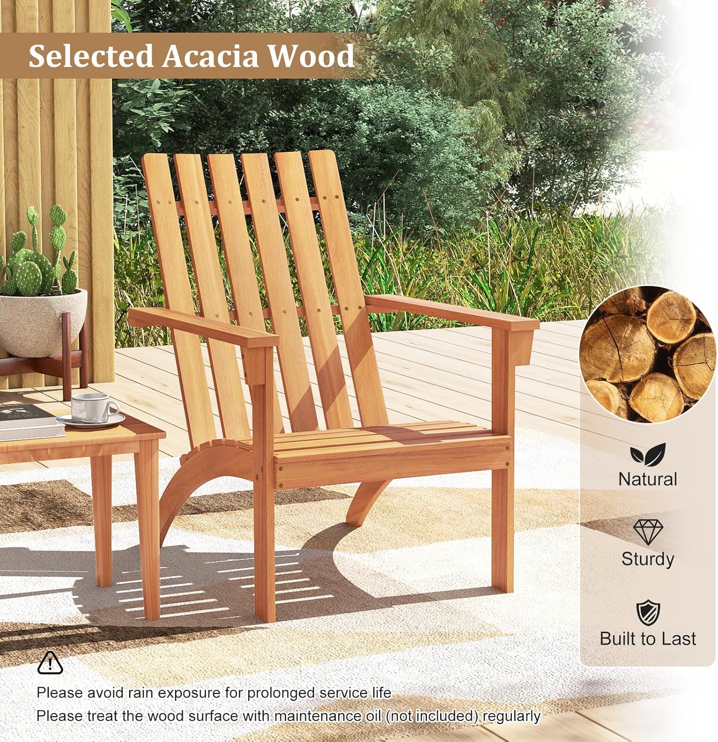 Tangkula Outdoor Adirondack Chair, Solid Acacia Wood Fire Pit Chair with Inclined Backrest, Curved Seat & Wide Armrests, Wooden Lawn Chair for Porch, Patio, Garden, Backyard, Deck (4, Natural)