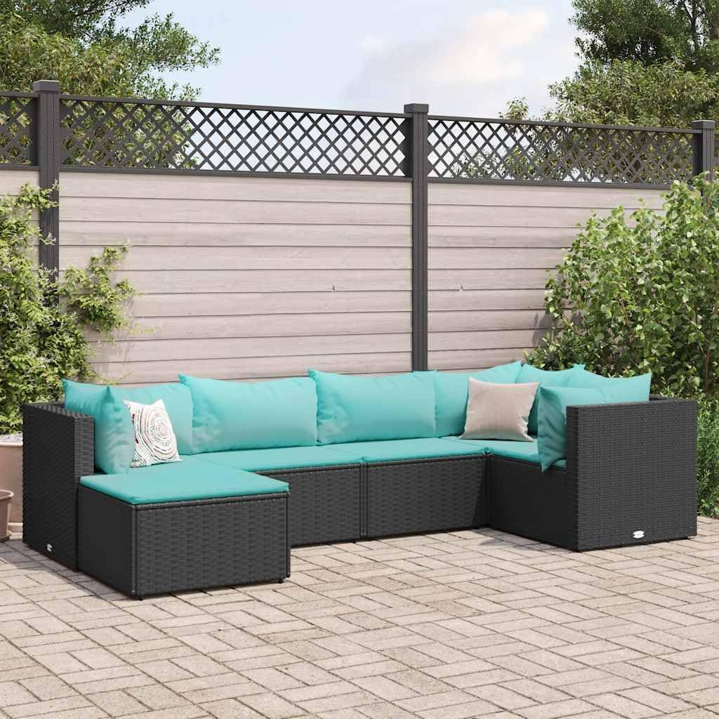 6 Piece Patio Lounge Set with Cushions Black Poly Rattan, Patio Furniture Sets, Outdoor Furniture