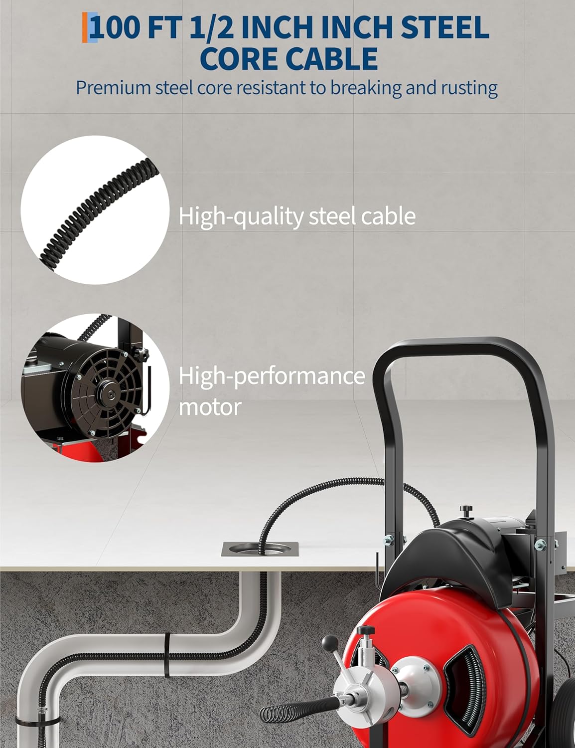 Portable 370W Electric Drain Cleaner Machine with 100FT x 1/2 Inch Steel Core Cable, Sewer Auger, Cutter, Air-Activated Foot Switch, and Wheels for Commercial and Home Use
