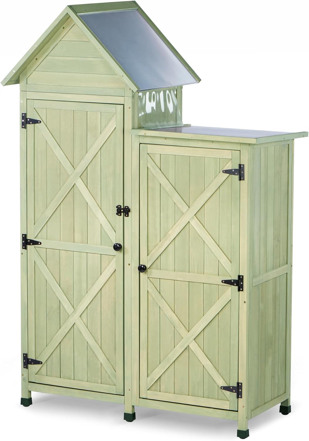 Outdoor Storage Cabinet - Waterproof Metal Roof & Wooden Vertical Design, Tall Garden Tool Shed with Multiple Shelves for Patio, Backyard, Lawn, Yard (Green, 22