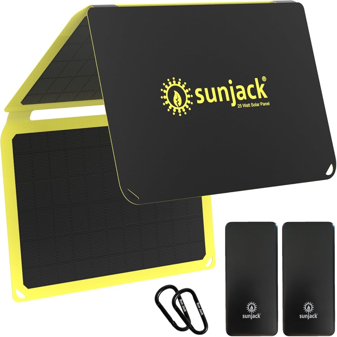 SunJack 25 Watt Foldable IP67 Waterproof ETFE Monocrystalline Solar Panel + 2X 10000mAh Power Banks with USB-A and USB-C for Cell Phones, Tablets and Portable for Backpacking, Camping, Hiking