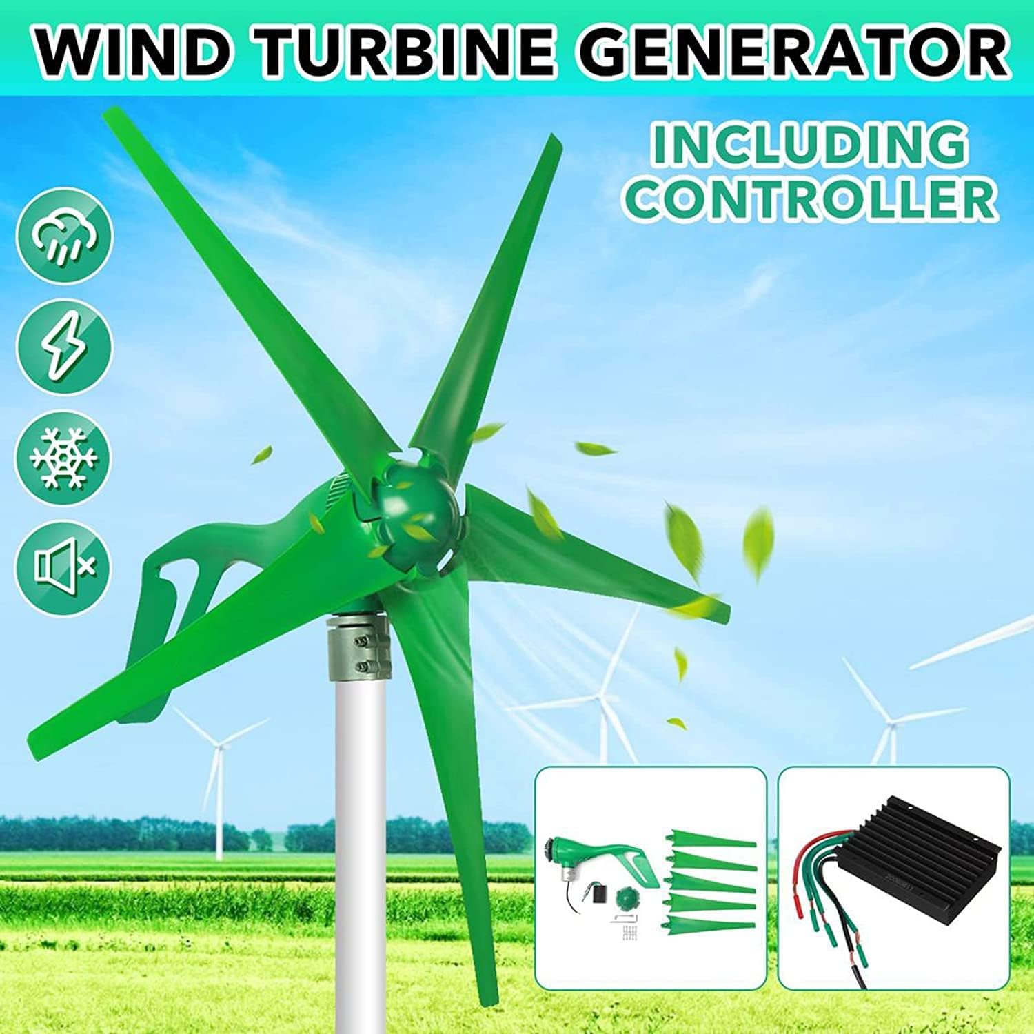 LiuSj JUnSt 5000W 12V 24V 5 Blades Wind Turbine Generator Windmill with Charge Controller, Wind Turbine for Home Camping(Green)