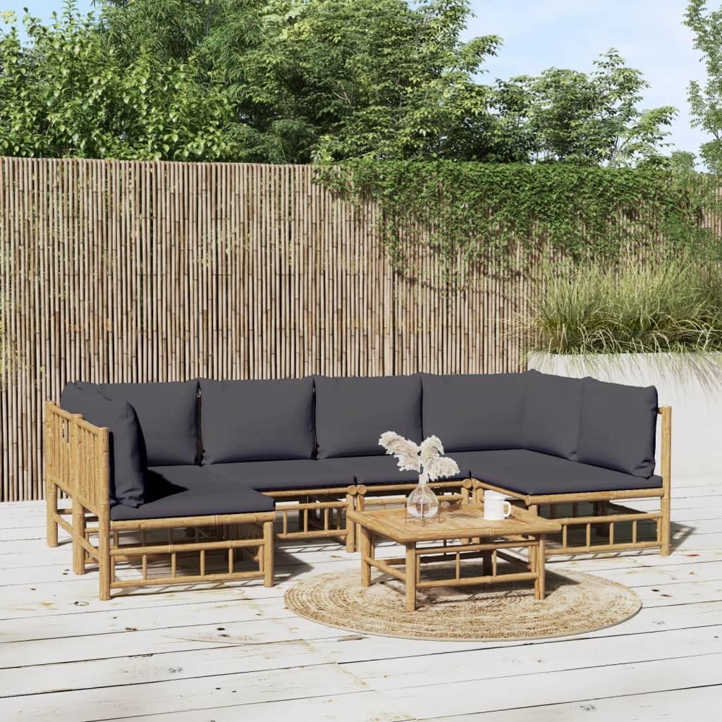 7 Piece Patio Lounge Set with Dark Gray Cushions Bamboo,Elegant Bamboo Patio Lounge Set for AllWeather Comfort and Style Patio Furniture Sets, Outdoor Furniture Sets