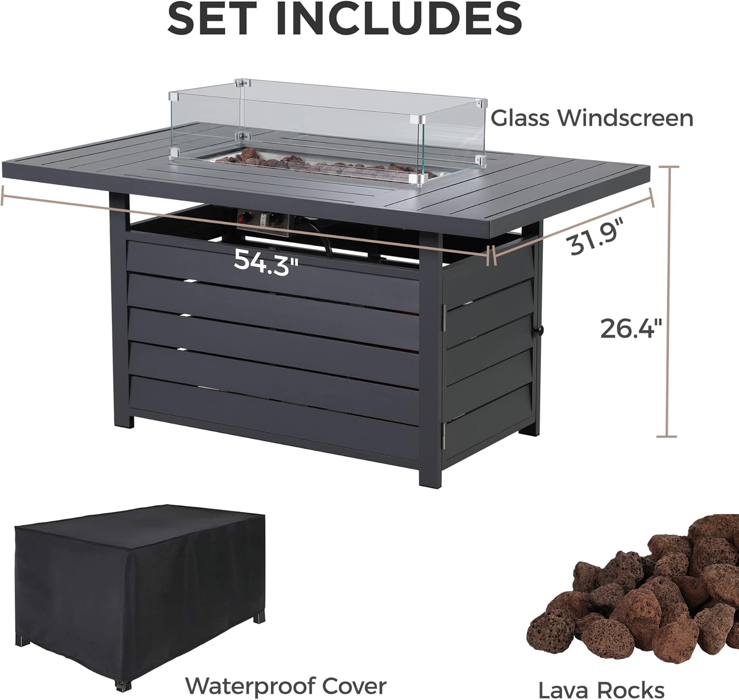 Wisteria Lane 54.3” Outdoor Patio Aluminum Fire Pit Table, 50000 BTU CSA Certified Propane Gas Fire Pit, Rectangular Fire Table w/Stainless Burner, Lava Rock, Waterproof Cover
