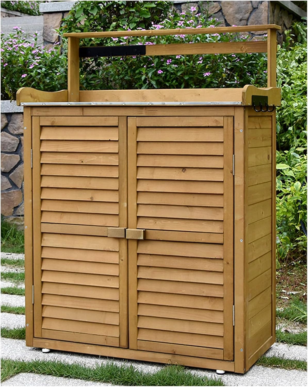 Weather Resistant Outdoor Wooden Garden House with 4 Layers Patio Storage Cabinet Durable Tool Shed for Lawn Mower and Tools Vertical Storage Organizer for Backyard Ideal(Brown 120X87X45Cm)