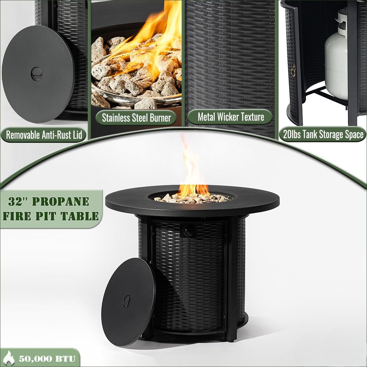 Outdoor Propane Fire Pit Table with Volcanic Stones, Stainless Steel Burner, Adjustable Flame, ETL Approved for Patio Deck Garden Use