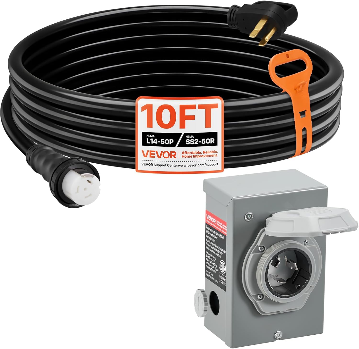 VEVOR 50 Amp Generator Cord and Power Inlet Box, 10FT, 125V/250V STW 6/3 + 8/1 AWG Extension Power Cord, NEMA 14-50P to SS2-50R, Twist Lock Connector, Inlet Box Kit, for Generator to House, ETL Listed