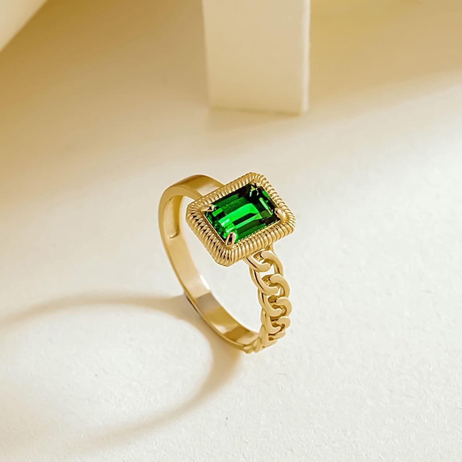 14K Yellow Gold Rings for Women, Simple Rings Tsavorite Rectangle Gold Band Birthday Gift for Her