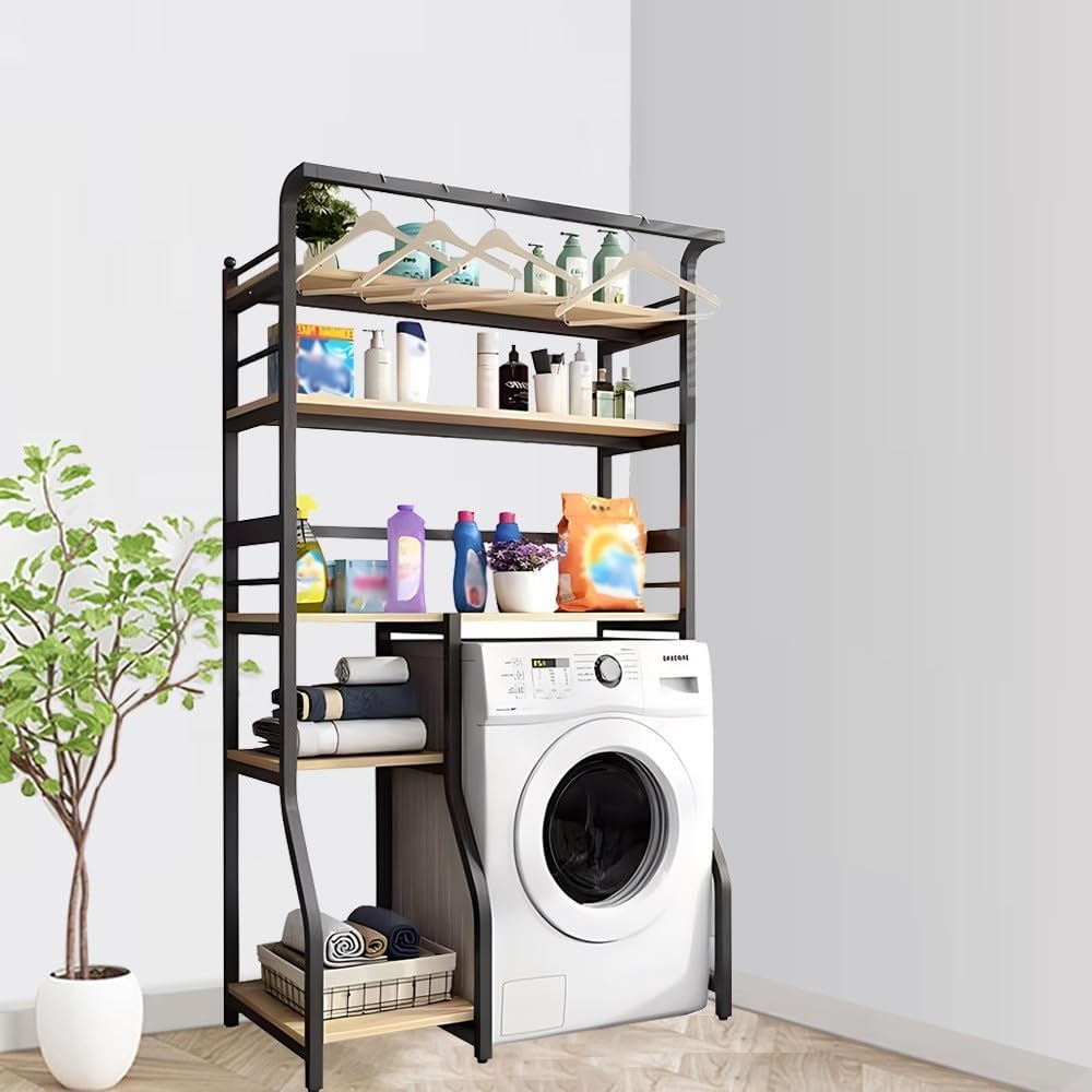5 Tier Drum Washing Machine Storage Rack With Hanger Rail For Laundry Room Multi Functional Over The Washer And Dryer Cabinet With Metal Frames(E-100Cm)