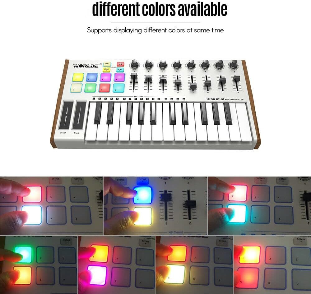 Tuna MINI Ultra-Portable 25-Key USB MIDI Keyboard Controller 8 RGB Backlit Trigger Pads with 6.35mm Pedal Jack