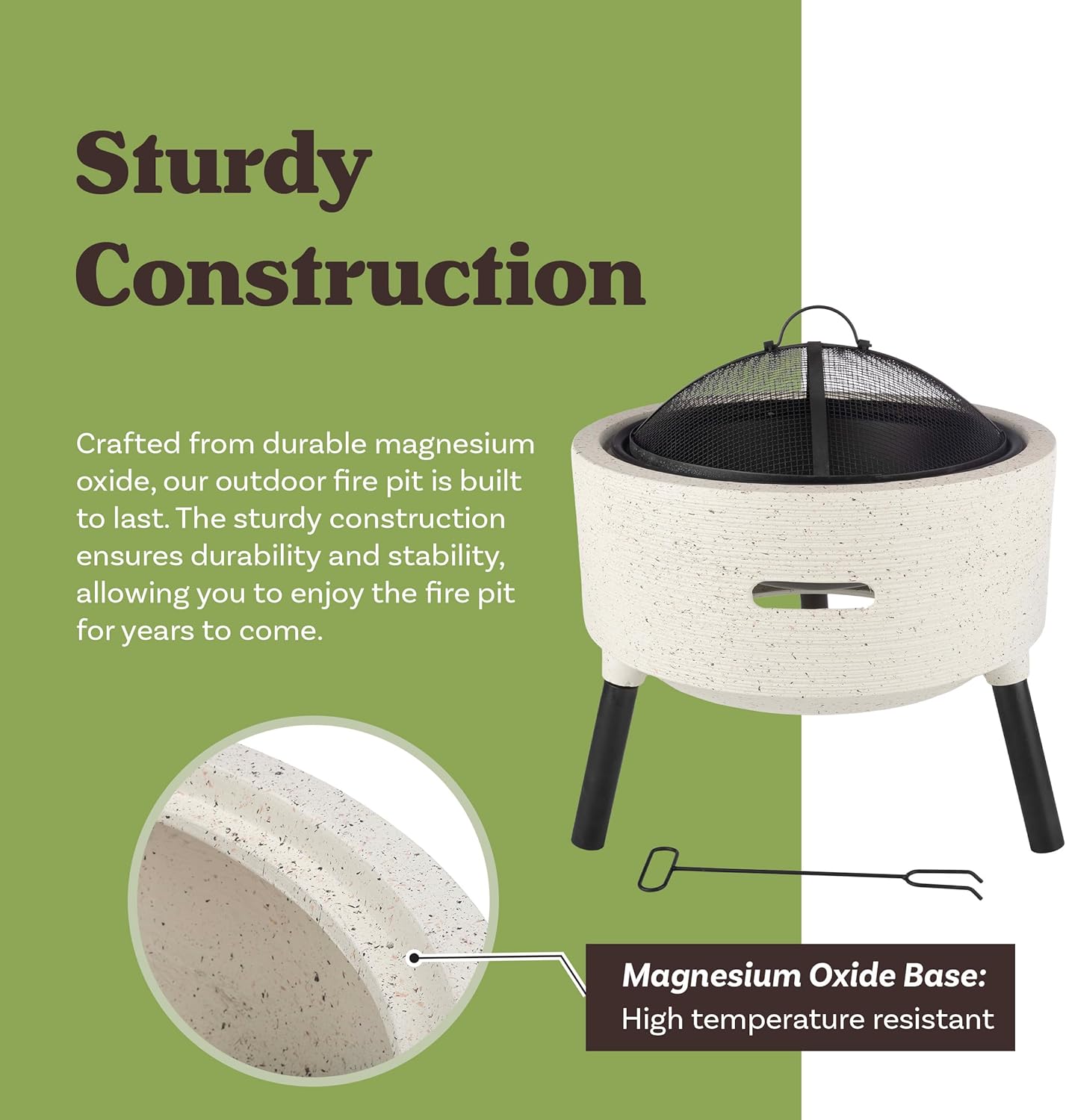 Outdoor Fire Pit - 21” Round Faux Concrete Firepit - Wood Burning Fire Pit with Poker, Screen, Cover - Wood Fire Pits for Outside Patio by Pure Garden