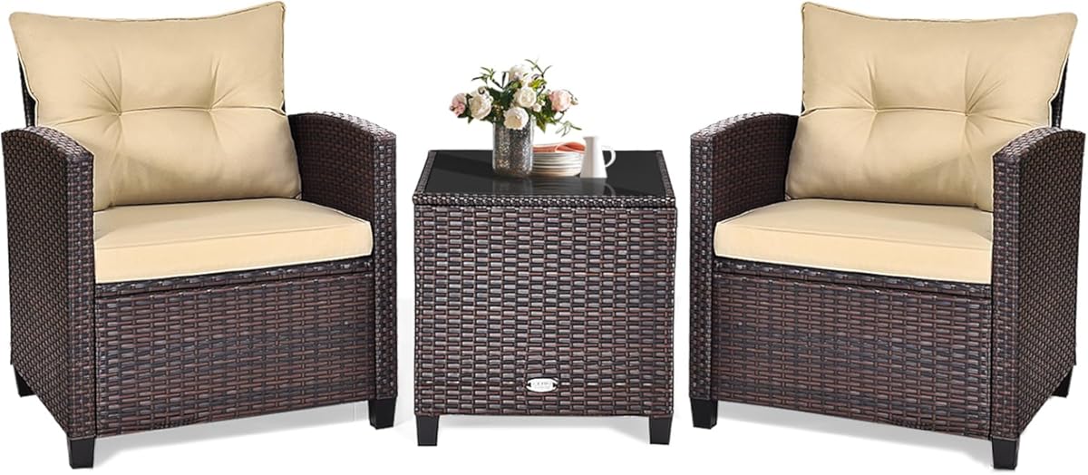 KOTEK 3 Piece Patio Furniture Set, Outdoor Conversation Set with Washable Cushions & Tempered Glass Tabletop, PE Rattan Wicker Bistro Set for Porch, Garden, Balcony (Beige)