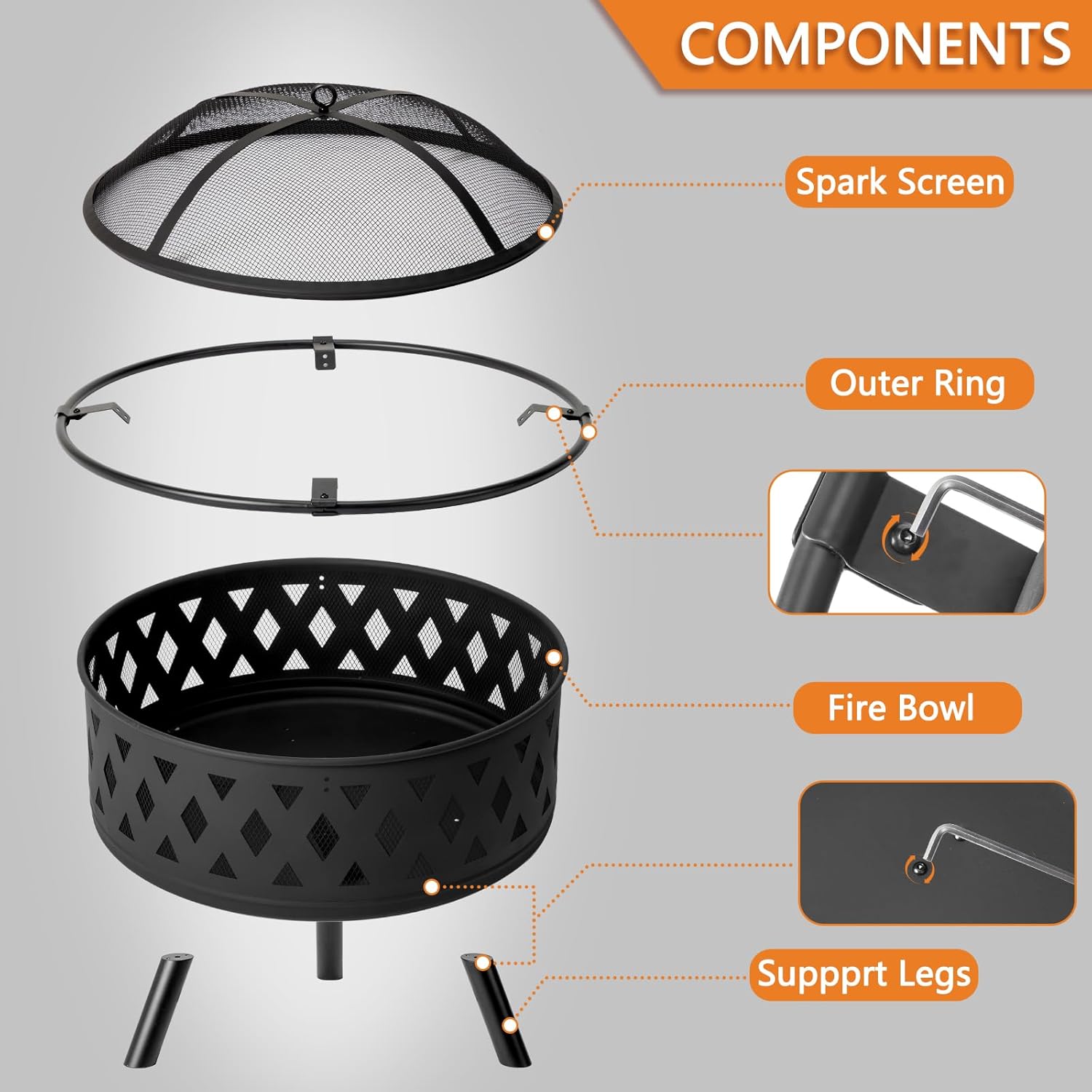 Outdoor Wood Burning Fire Pit 32 Inch, Round Metal Firepit for Outside, Bonfire Fire Pits with Mesh Lid, Poker and Waterproof Cover for Backyard Heating, Garden, Patio, Camping, Black