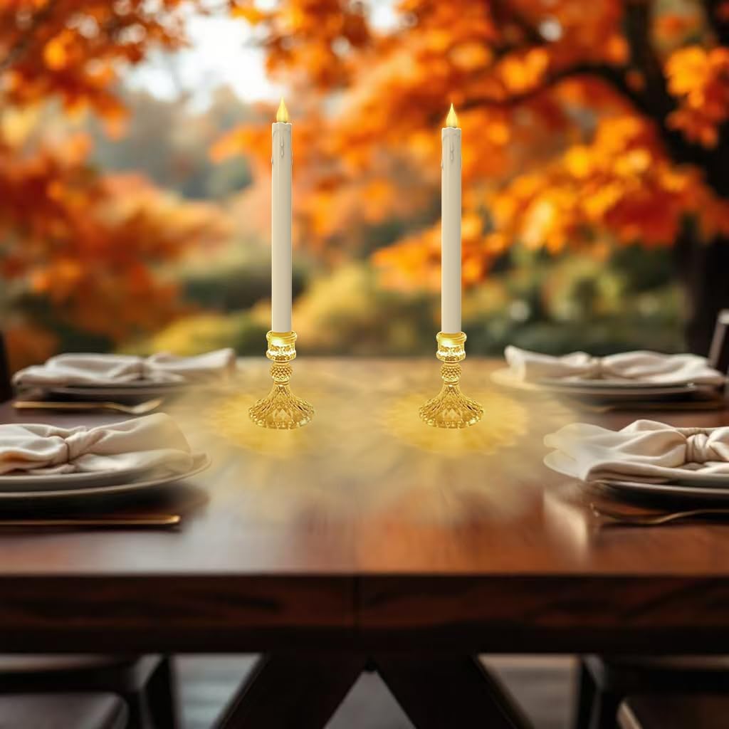 Flameless LED Taper Candles with Diamond Base Light - Hexagon Glass Holder, Remote Timer 2AA Battery Operated 500+ Hours for Thanksgiving/Xmas Decor, Wedding Centerpiece (Ivory, 6 Pack)