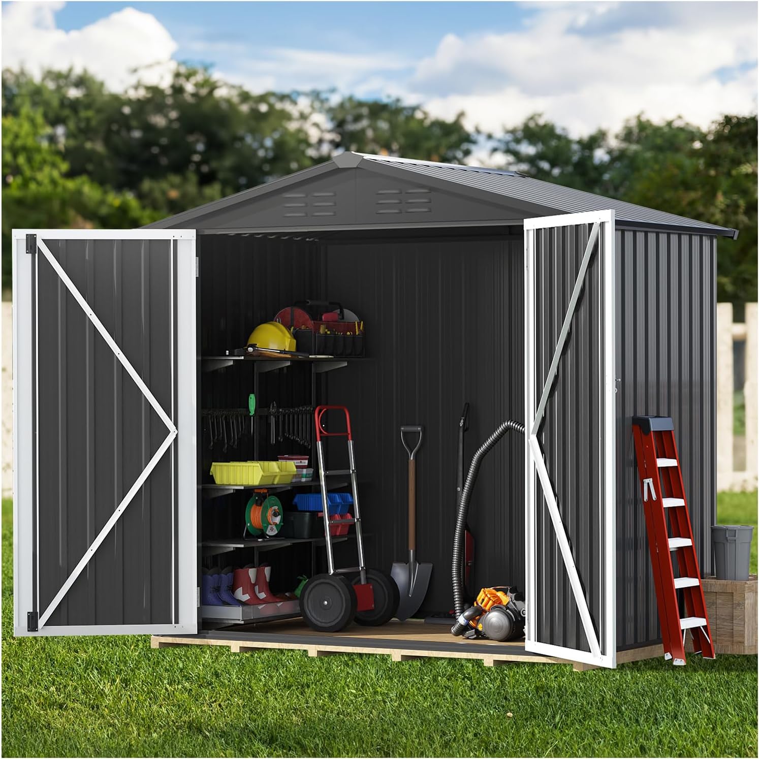 New 6x4 FT Two Tone Black and Silver Outdoor Large Storage Shed Metal Tool Sheds Heavy Duty Hinged Doors Lockable House Patio Tool Garden Waterproof All Weather Rust Protect 67.3