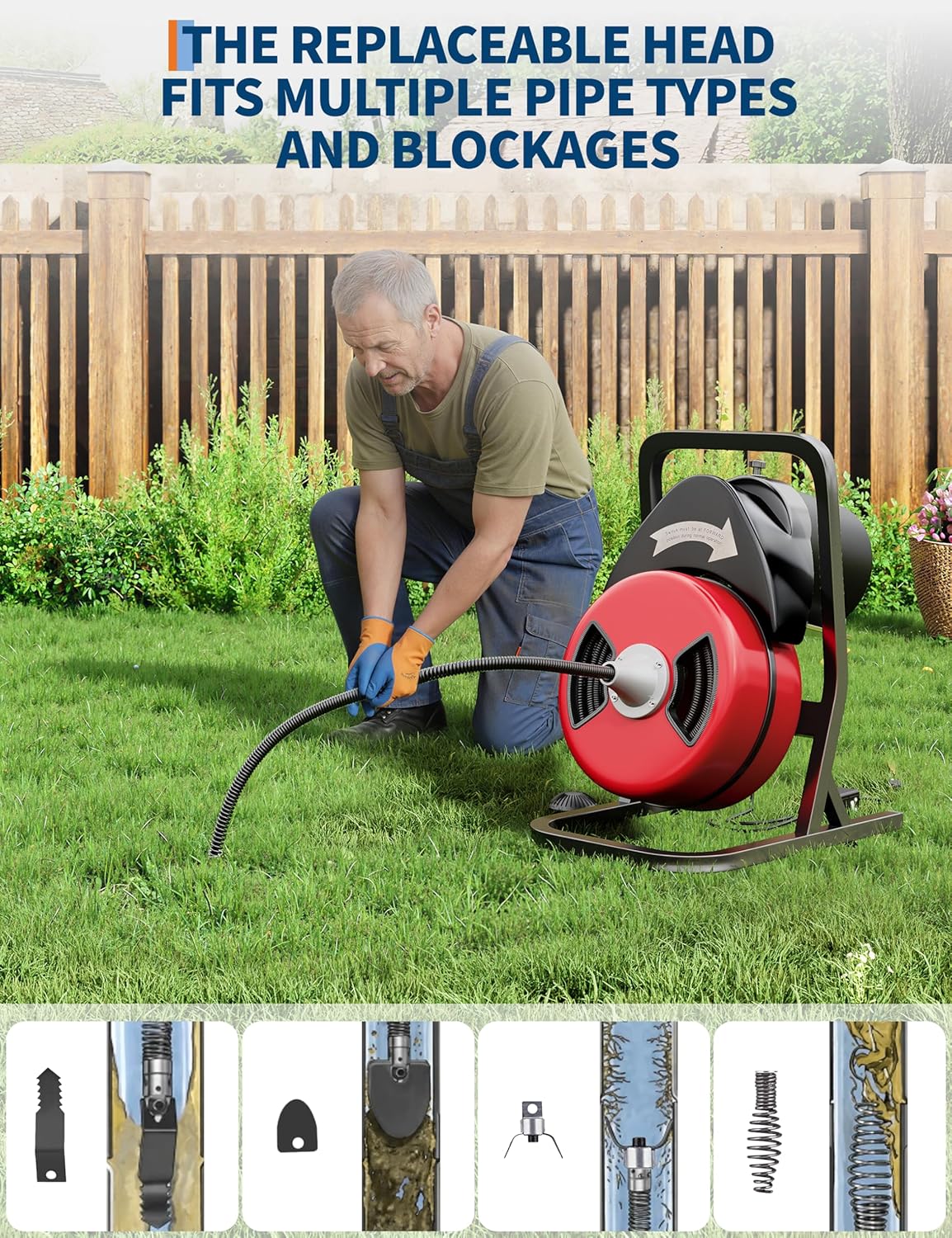 Drain Cleaner Machine 50FT x 1/2 Inch Steel Core Cable Portable 250W Electric Drain Cleaning Machine With Sewer Auger, Cutter, Air-activated Foot Switch, for Commercial, Home